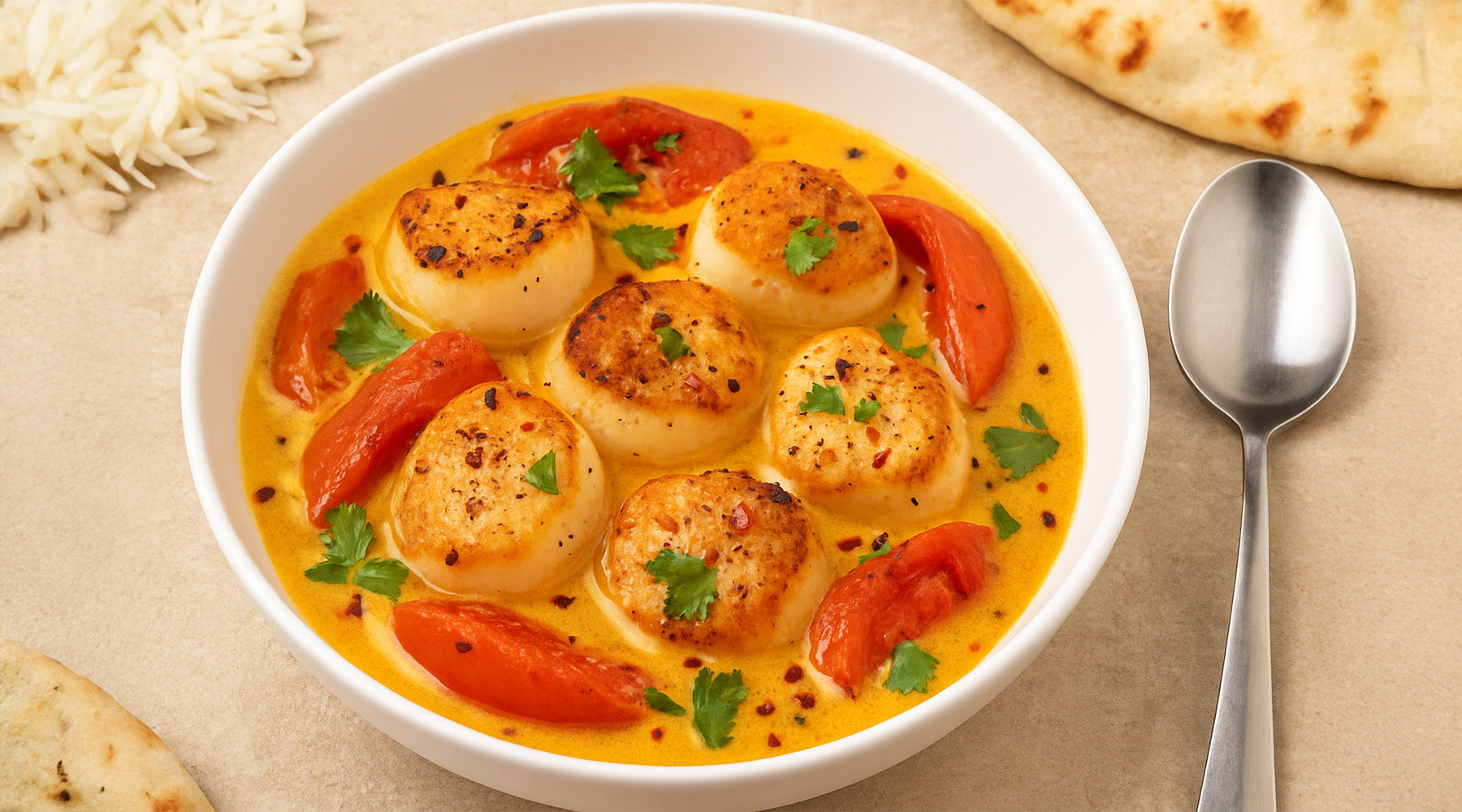 Spicy Coconut Curry Scallops in a white bowl
