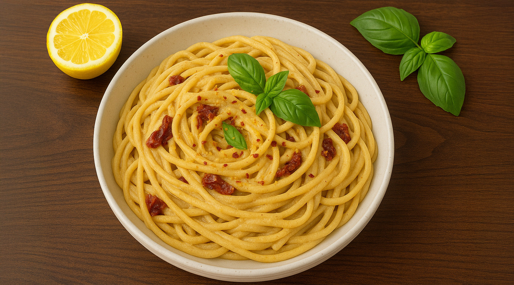 Tahini Sun-Dried Tomato Pasta in a white bowl on a wood tabletop