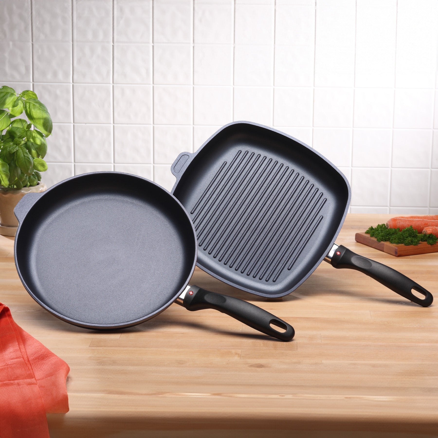 HD Nonstick 2-Piece Set - Fry Pan & Grill Pan - Induction in use on kitchen counter