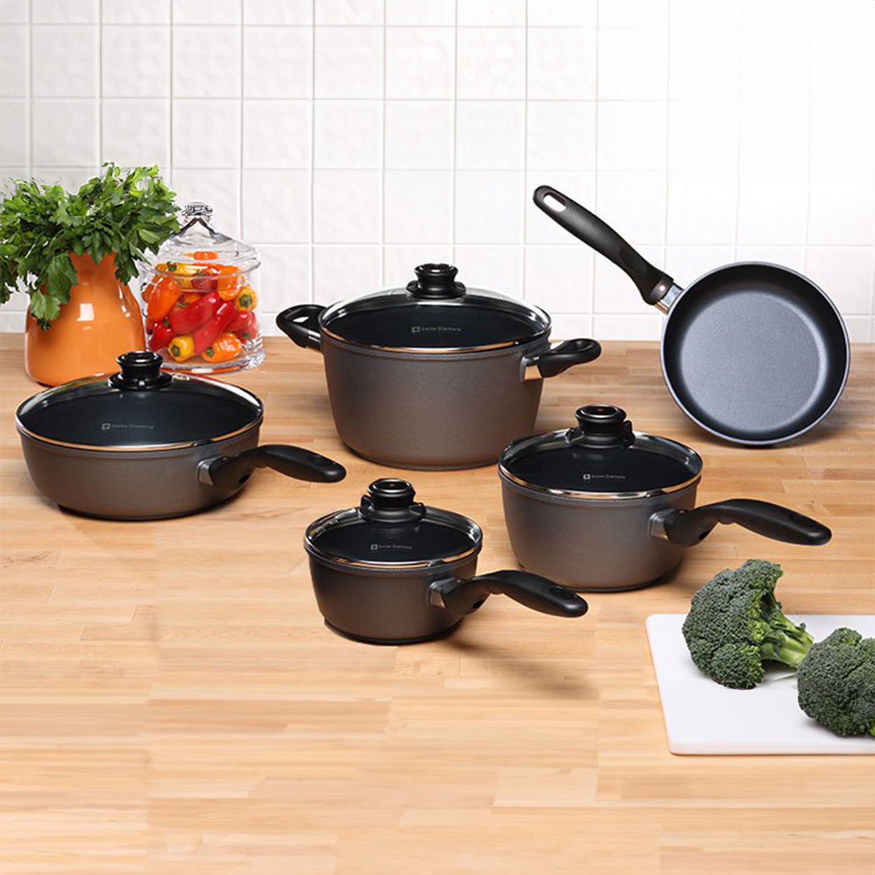 HD Nonstick 9-Piece Set - Italian Cooking Set in use on kitchen counter