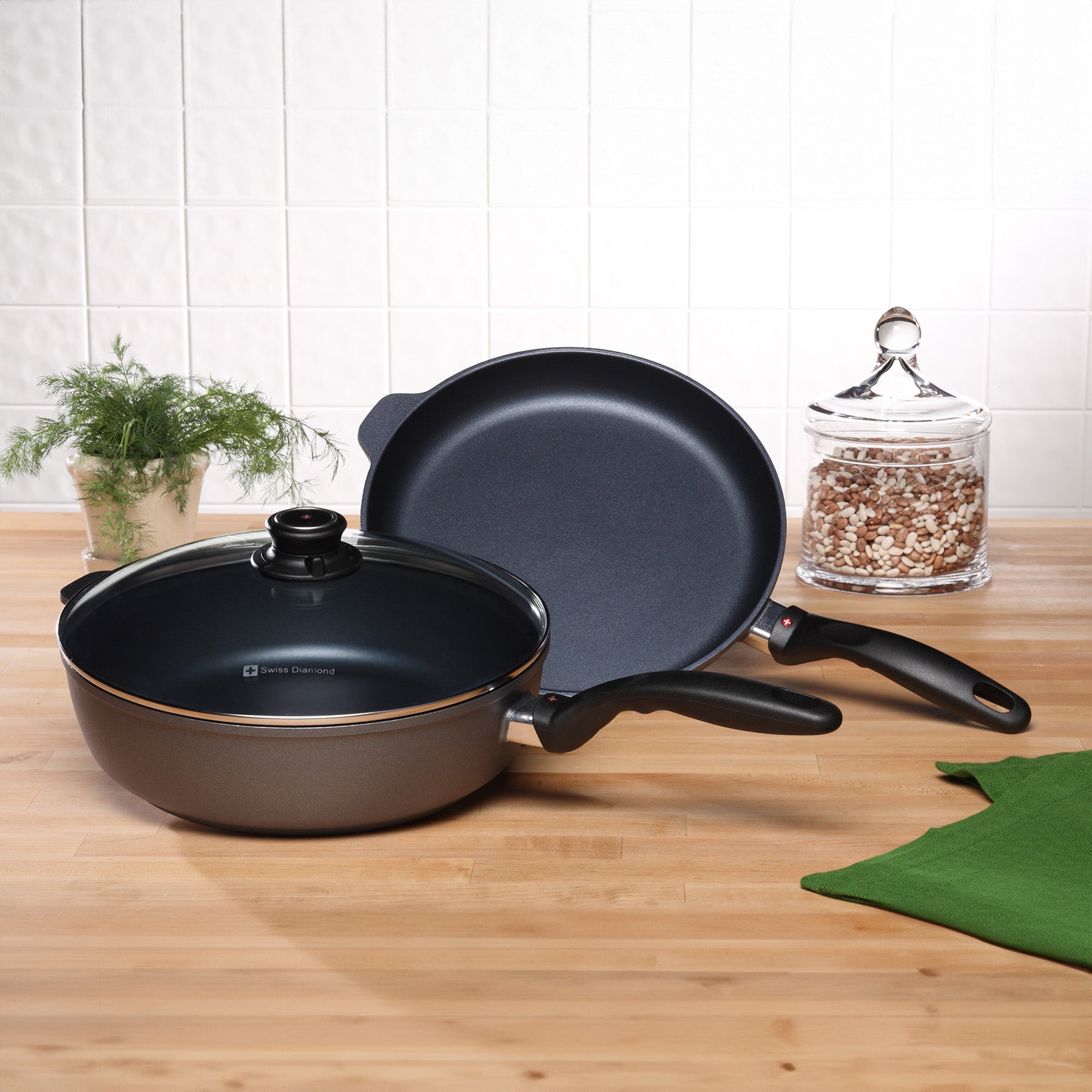 HD Nonstick 3-Piece Set - Fry Pan & Saute Pan on kitchen counter