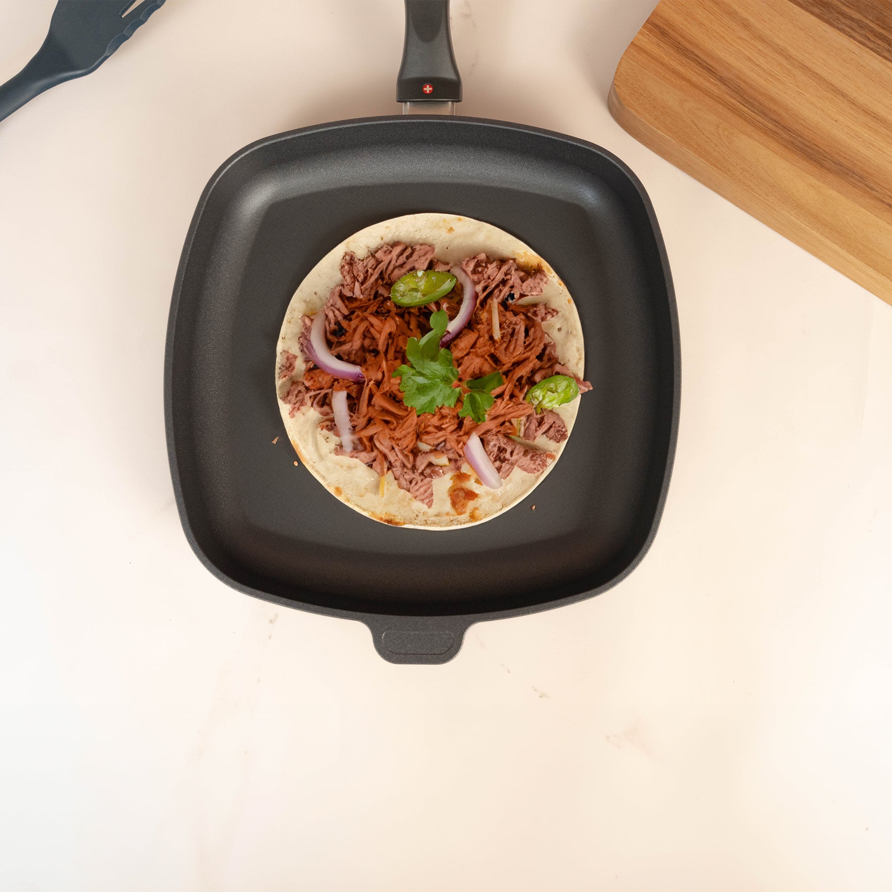 HD Nonstick 11" x 11" Square Fry Pan in use with food on pan