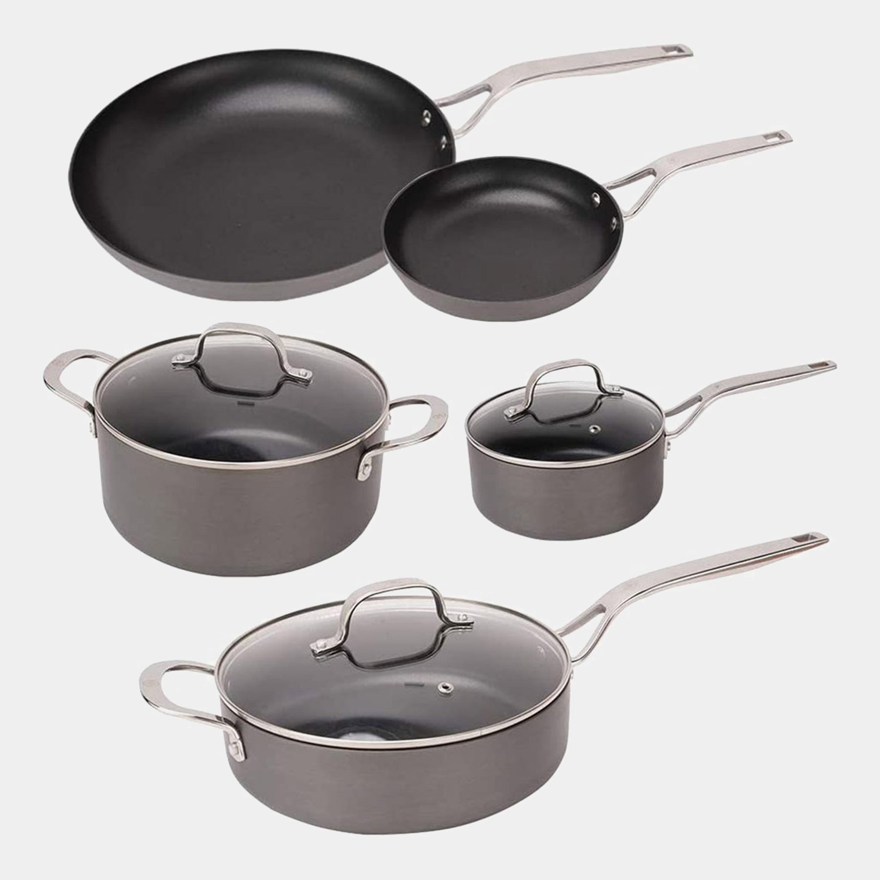 Hard Anodised 8-Piece Set Includes: 2 Fry Pans, a Stock Pot with Lid, a Sauce Pan with Lid and a Saute pan with Lid