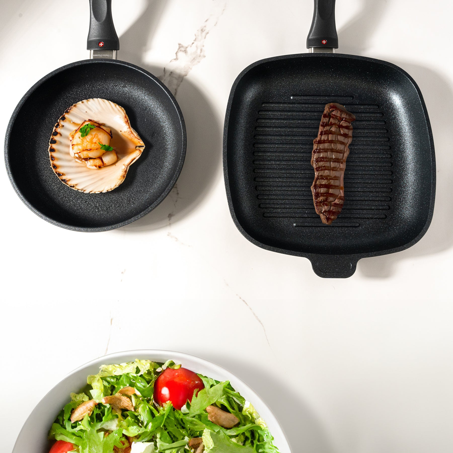 XD Nonstick 8" Fry Pan and 9.5"x 9.5" Grill Pan Set in use with food in pan