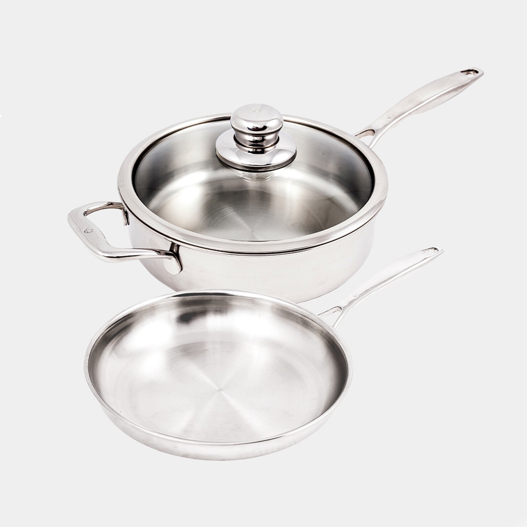 Premium Clad 3-Piece Stainless Steel Set. Includes: 11" Fry Pan + 11" Saute Pan with Lid.
