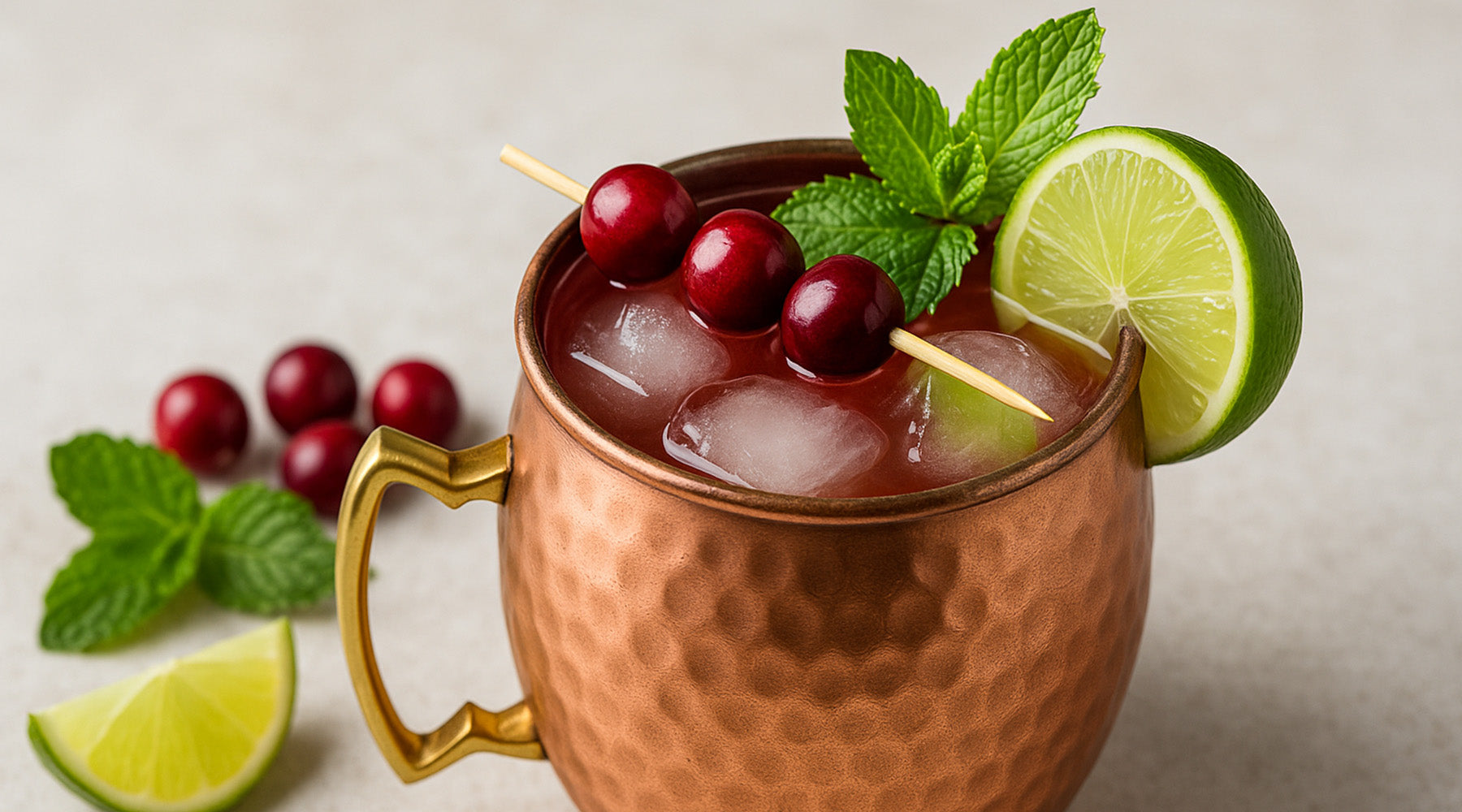 cranberry mule in a copper mug topped with lime, mint, and berries