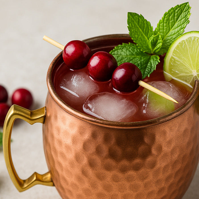 cranberry mule in a copper mug topped with lime, mint, and berries