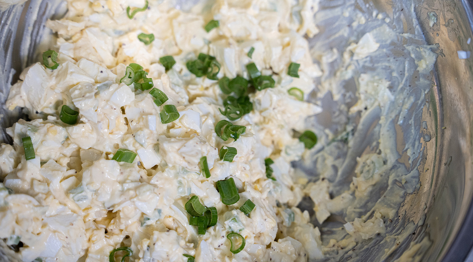 Egg salad in a bowl topped with green onion 