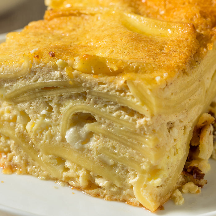 Hanukkah Noodle Kugel on a white plate