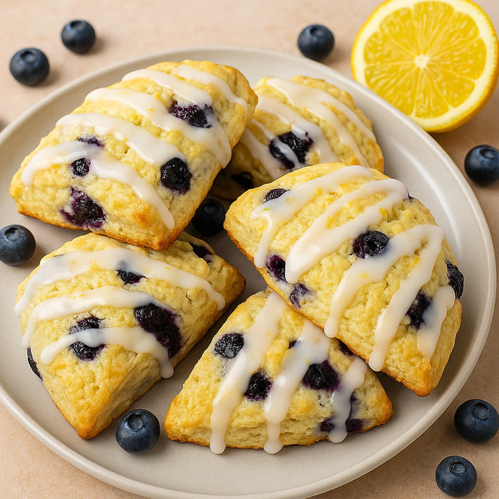 Lemon Blueberry Scones on a white plate with blueberries scattered around