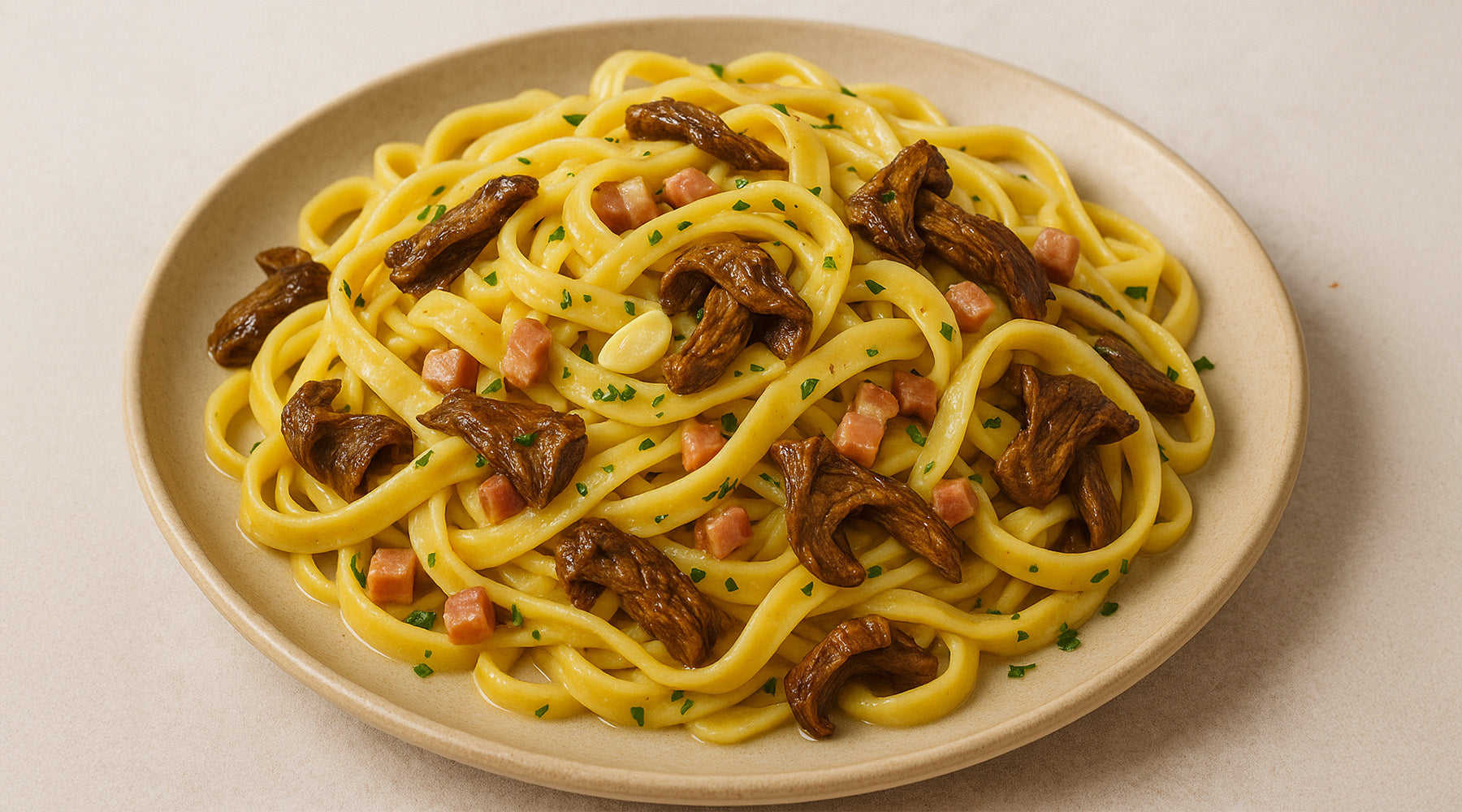 porcini fettucine on a white plate on a white countertop