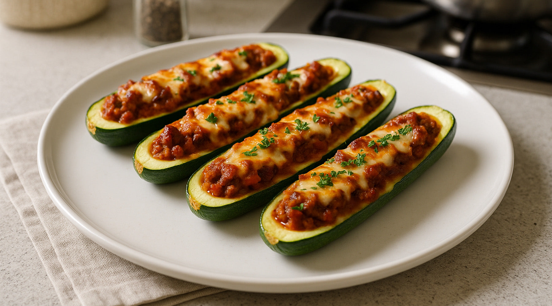 Sausage and Bacon-Stuffed Zucchini Boats on a white plate in a kitchen