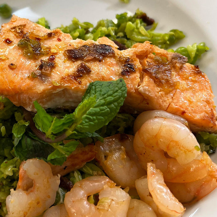 Seared Salmon and Shrimp with Bacon, Split Green Peas, Mint and Shallots