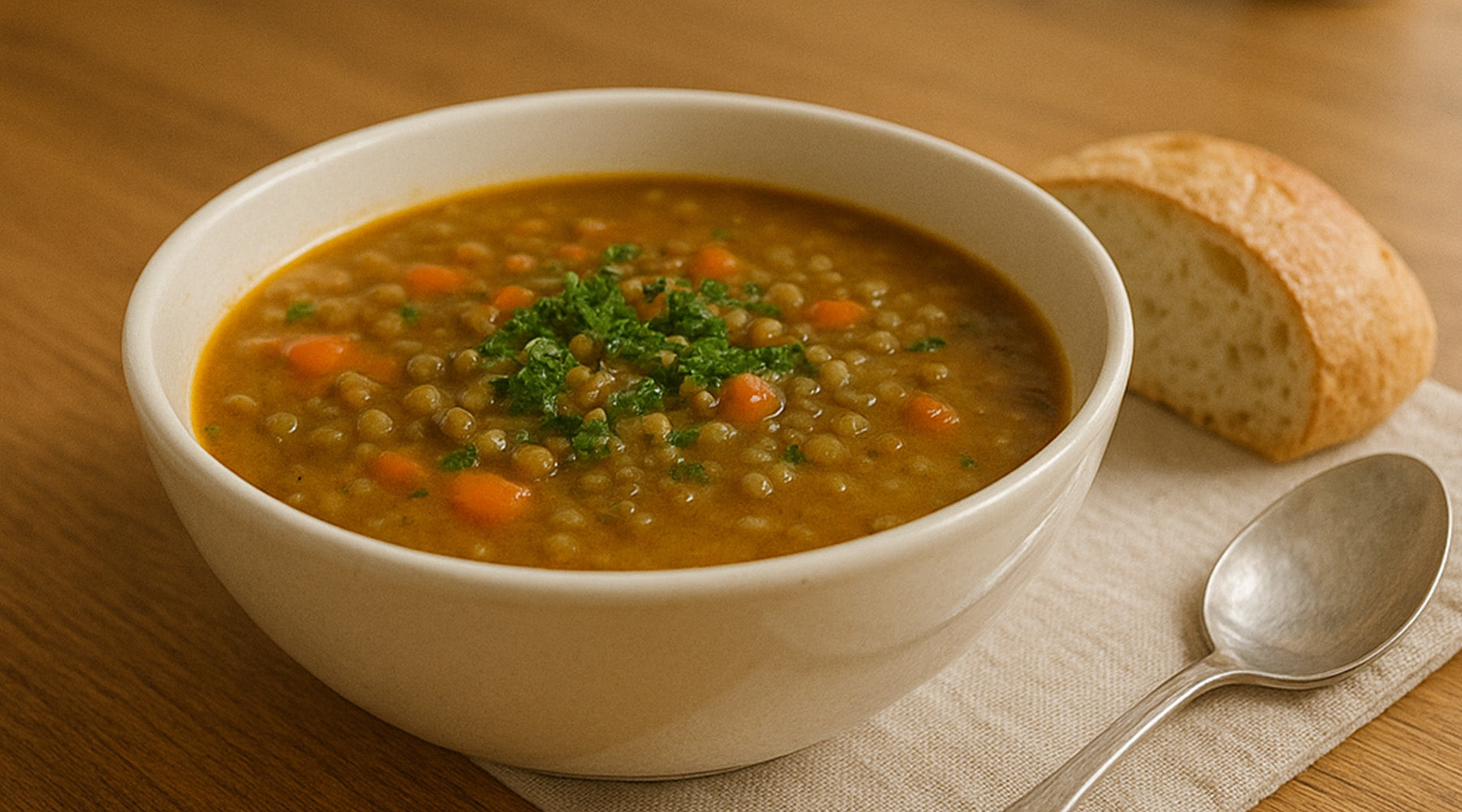 Lentil soup in a white bowl on a dining table