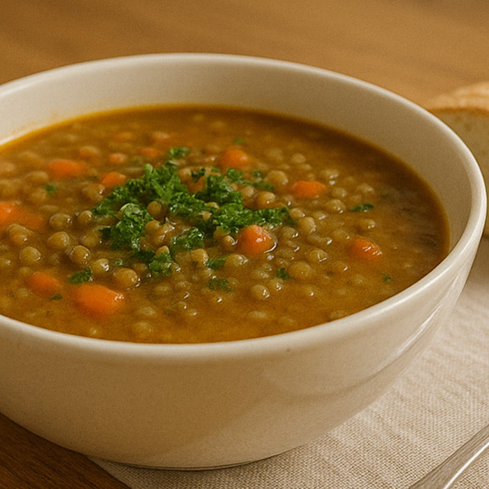 Lentil soup in a white bowl on a dining table