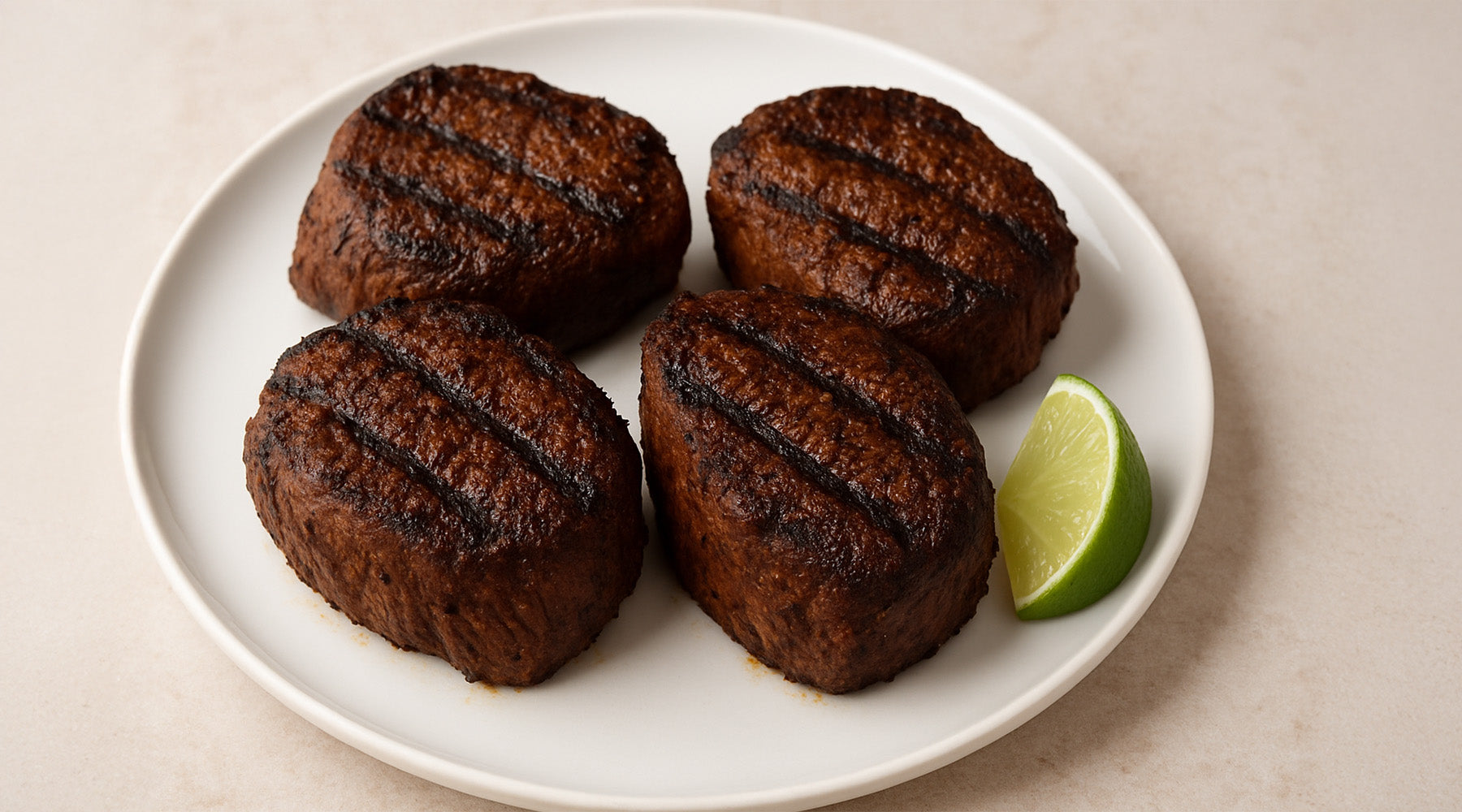 Spice-Rubbed Bison Tenderloin on a white plate with a lime wedge on the side