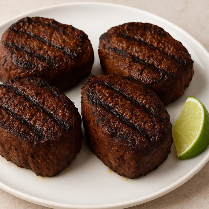 Spice-Rubbed Bison Tenderloin on a white plate with a lime wedge on the side