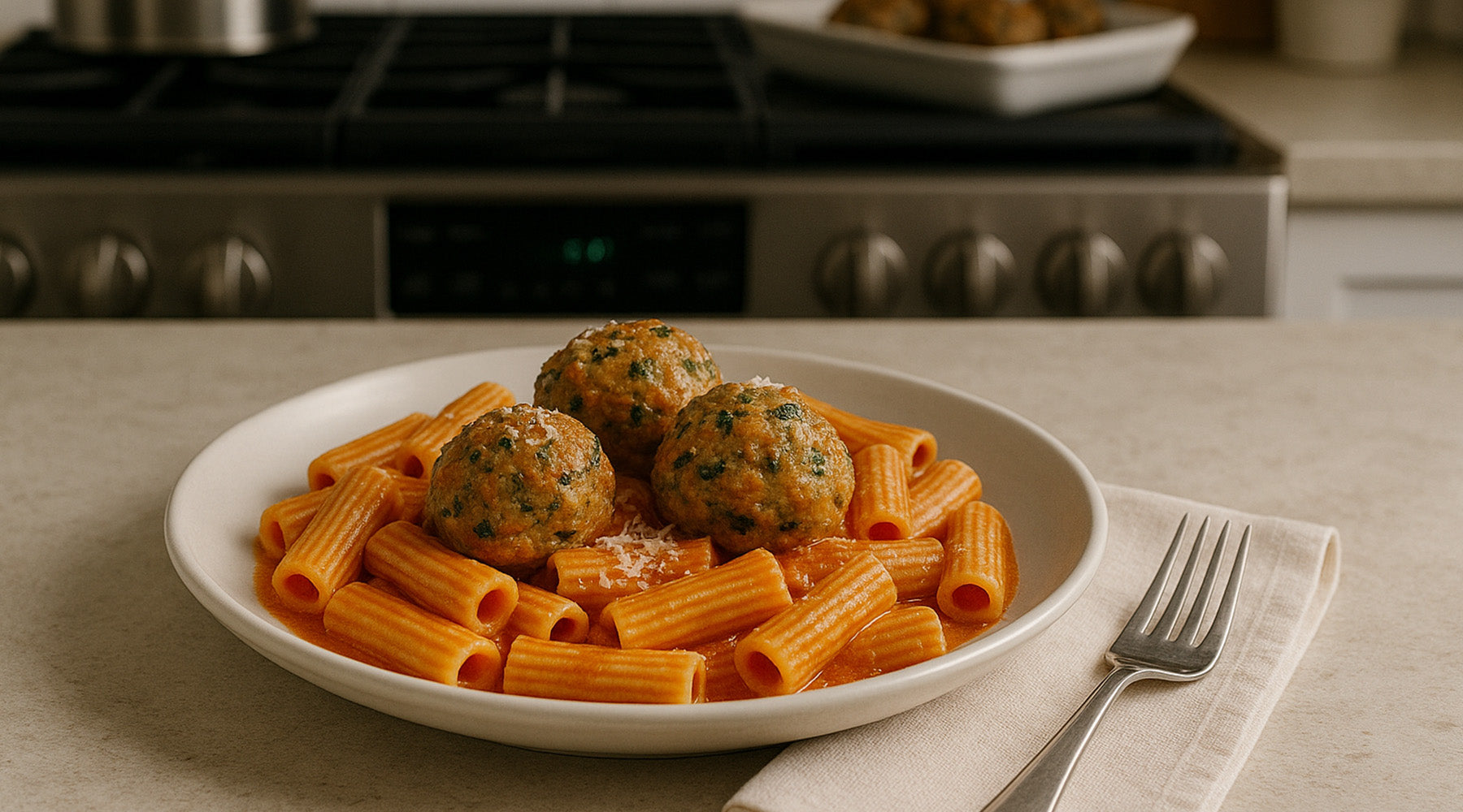 spinach turkey meatballs on top of pasta on a white plate