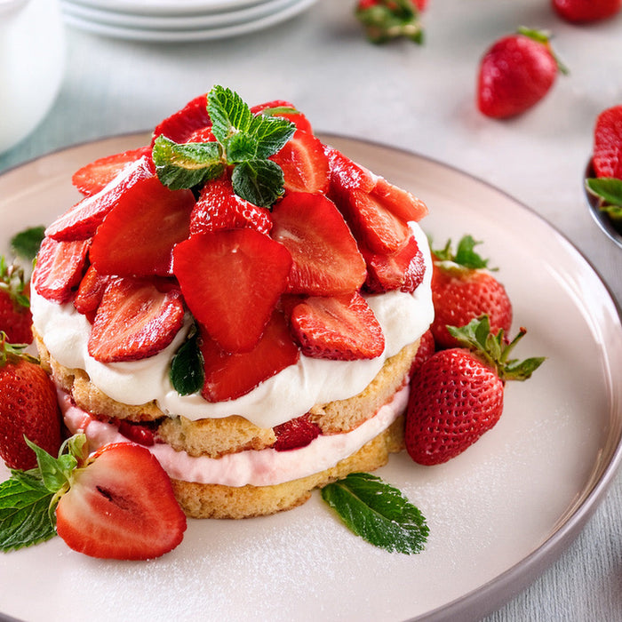 Strawberry shortcake on a white plate surrounded by fresh strawberries