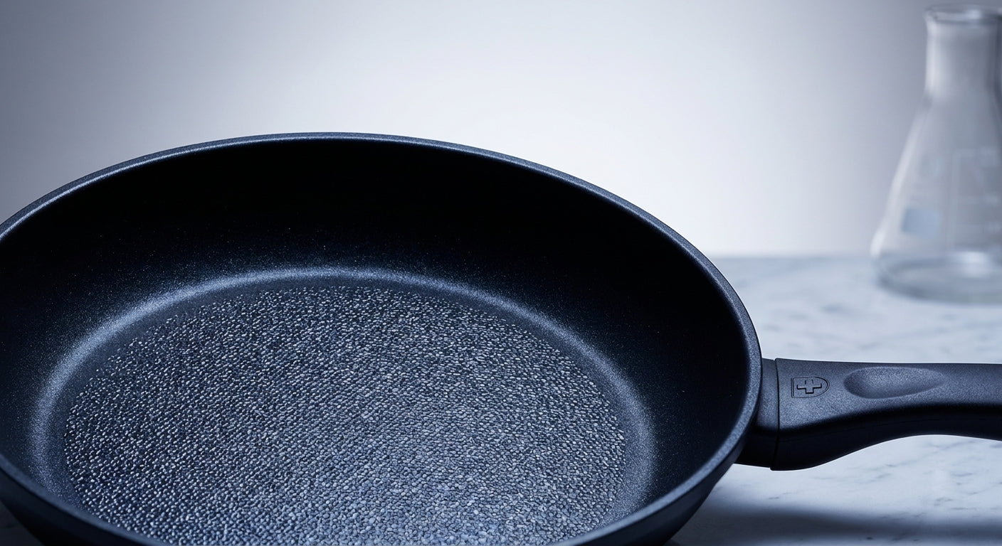 Close-up of a premium nonstick frying pan with a diamond-reinforced textured cooking surface, dramatically lit on a marble countertop against a soft grey background.