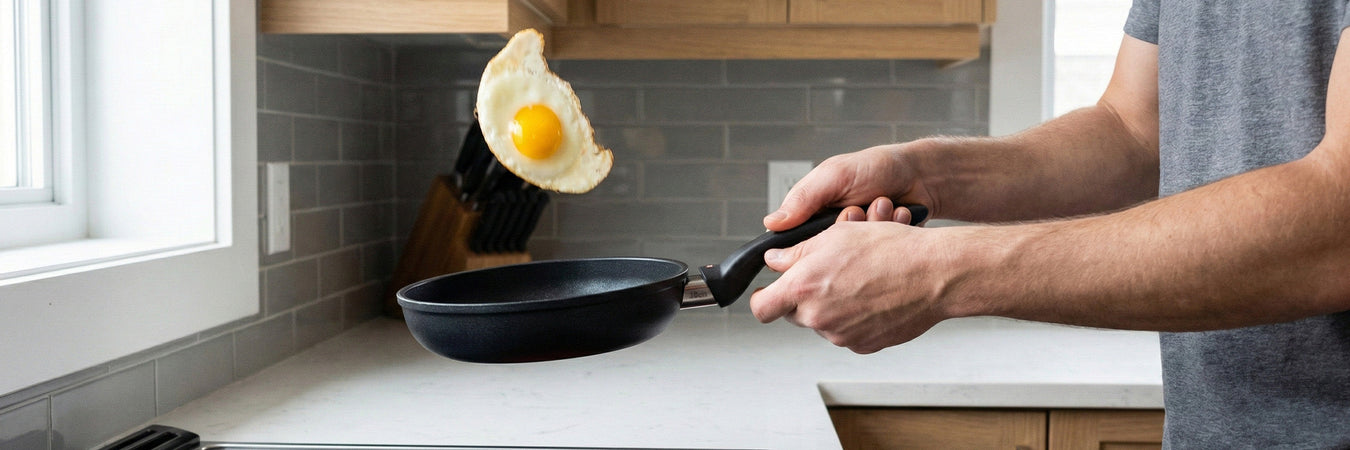 set of cookware including fry pans, saute pans, knives and dutch oven on white kitchen counter