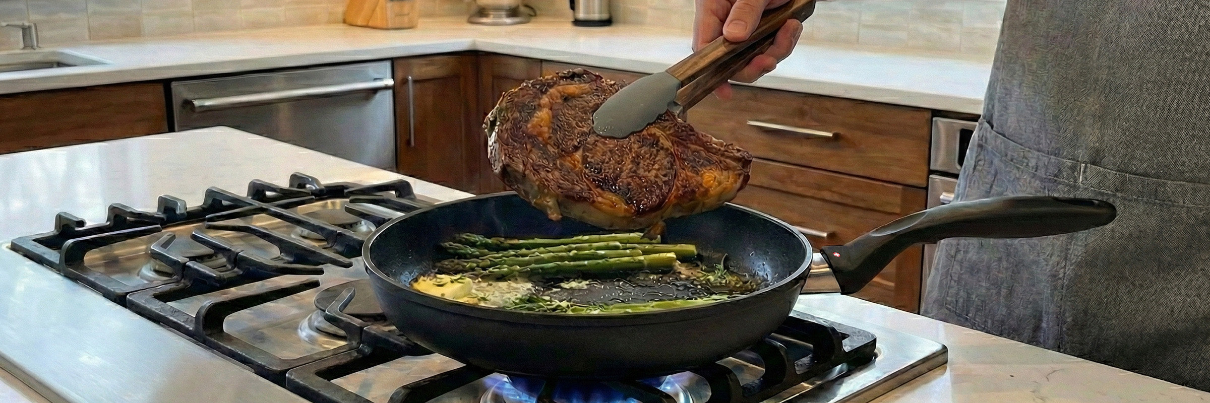 XD+ Nonstick side profile view on white marble kitchen counter