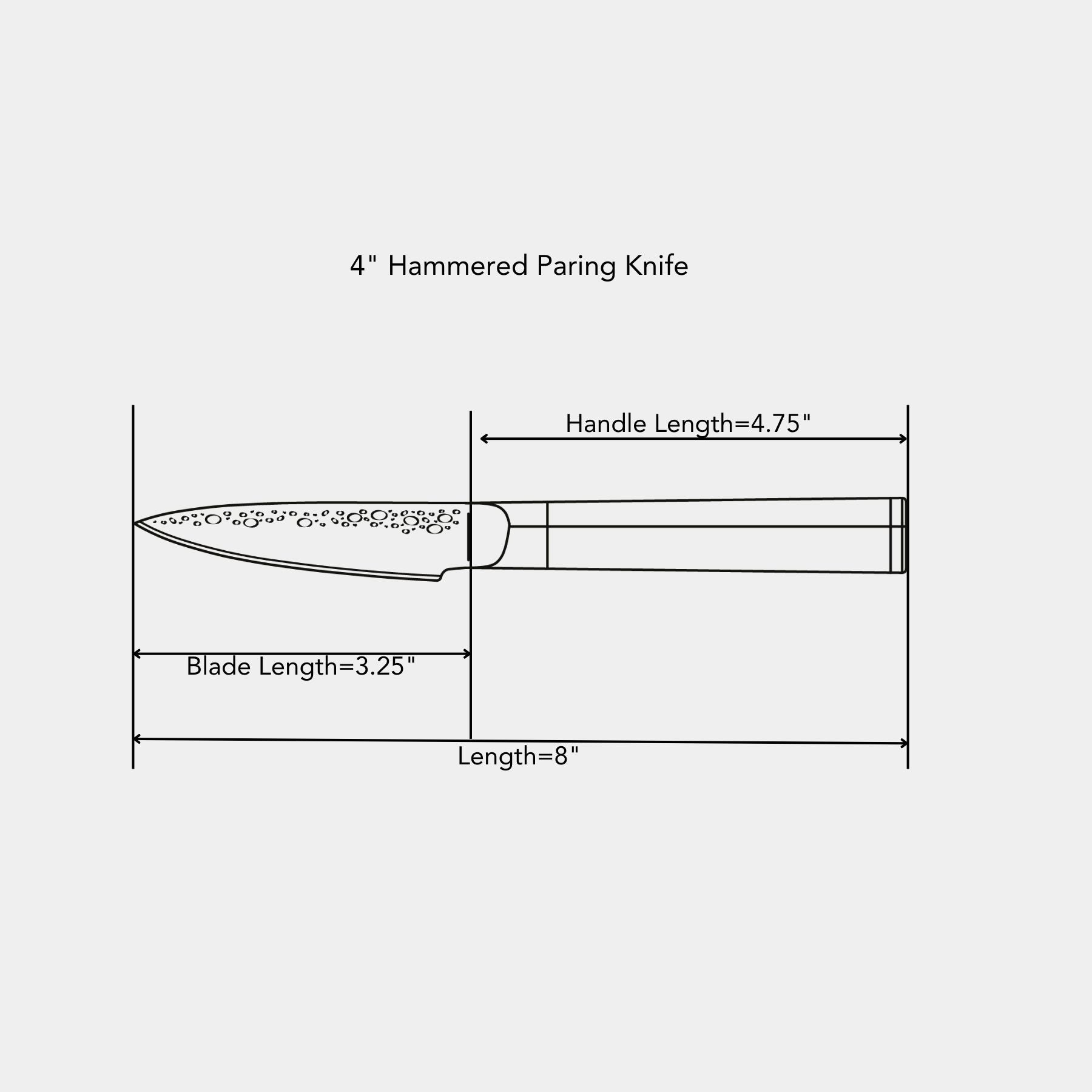 4" Hammered Paring Knife Dimensions  of blade and handle length