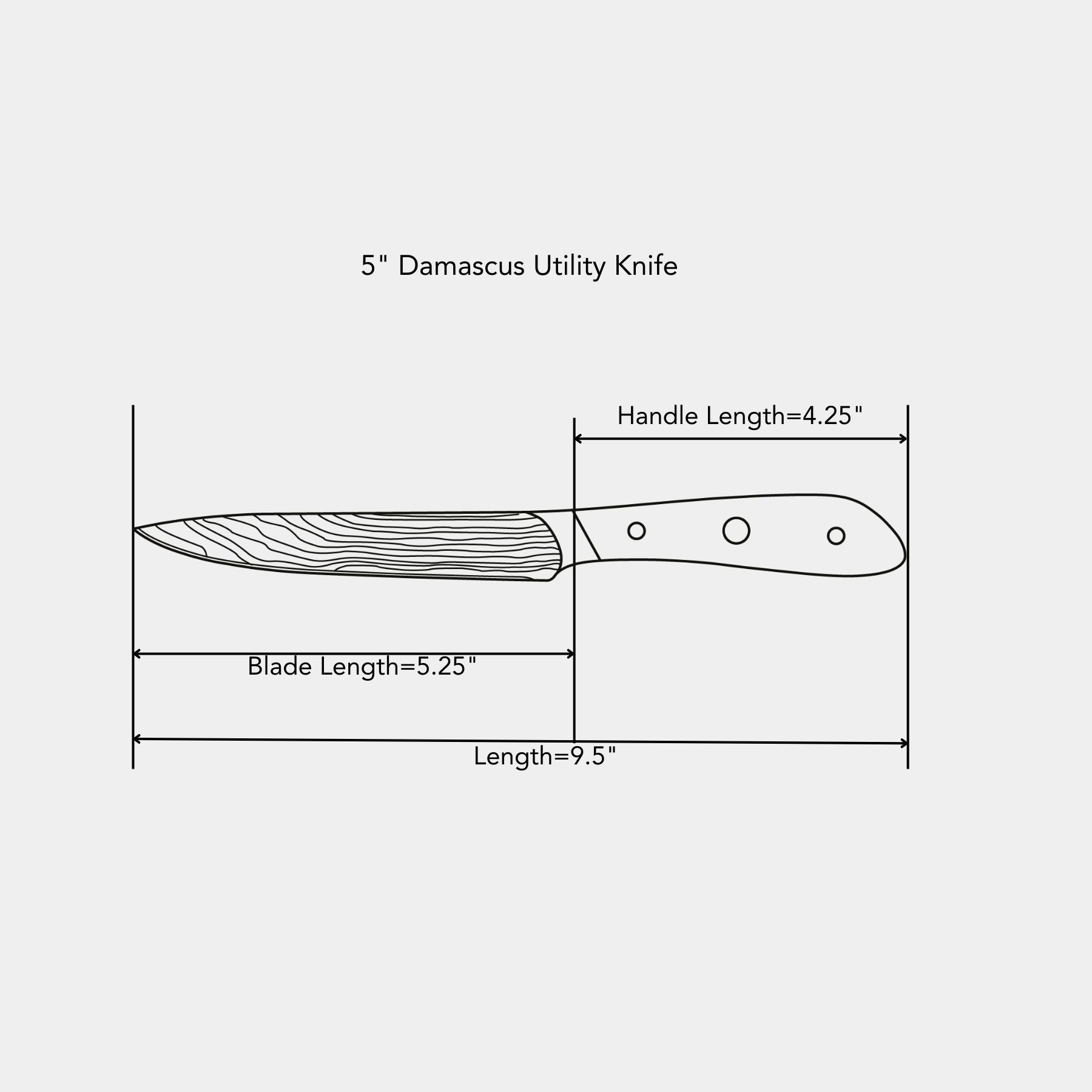 5" Damascus Utility Knife dimensions of blade and handle length