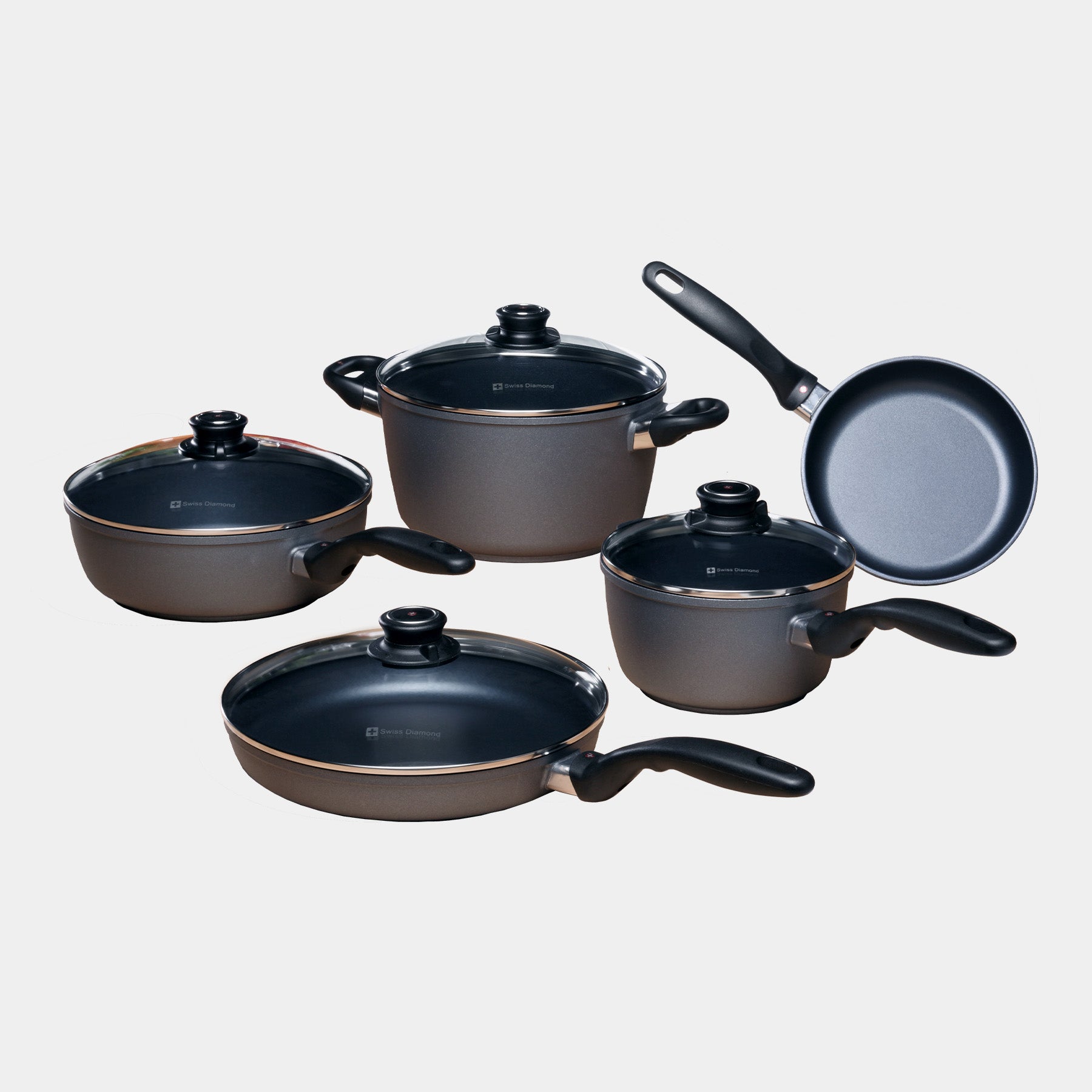 HD Nonstick 9-Piece Set - Kitchen Essentials Set Includes: 9.5" Fry Pan + 1.4 qt Saucepan with Lid + 2.2 qt Saucepan with Lid + 4.3 qt Saute Pan with Lid + 5.5 qt Soup Pot with Lid.