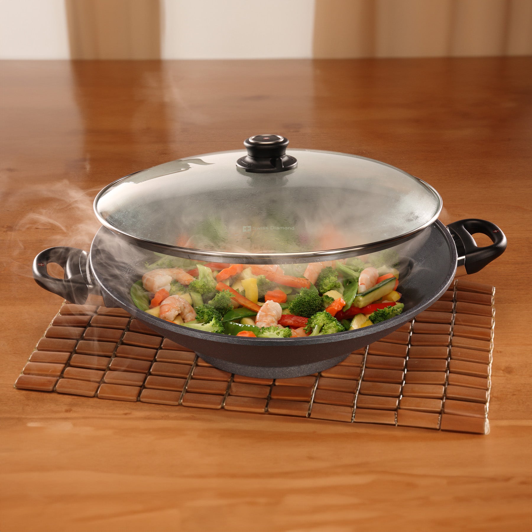 HD Nonstick Wok with Glass Lid & Rack in use on wooden table