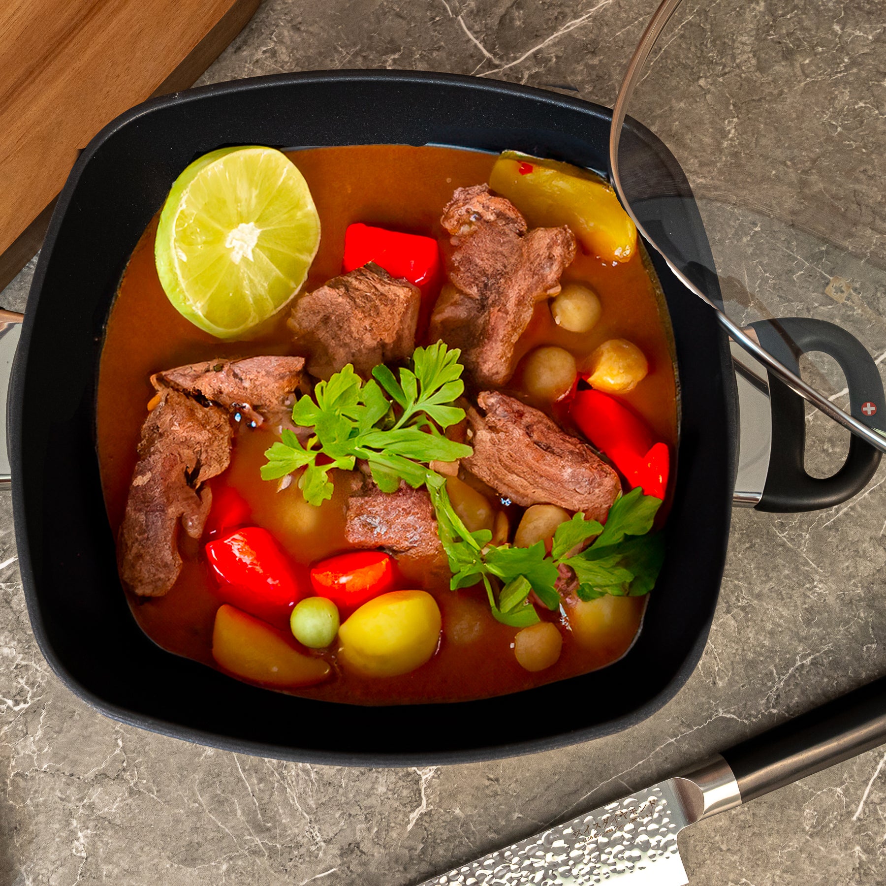 HD Nonstick 5 qt Square Casserole with Glass Lid - Induction in use with stew inside