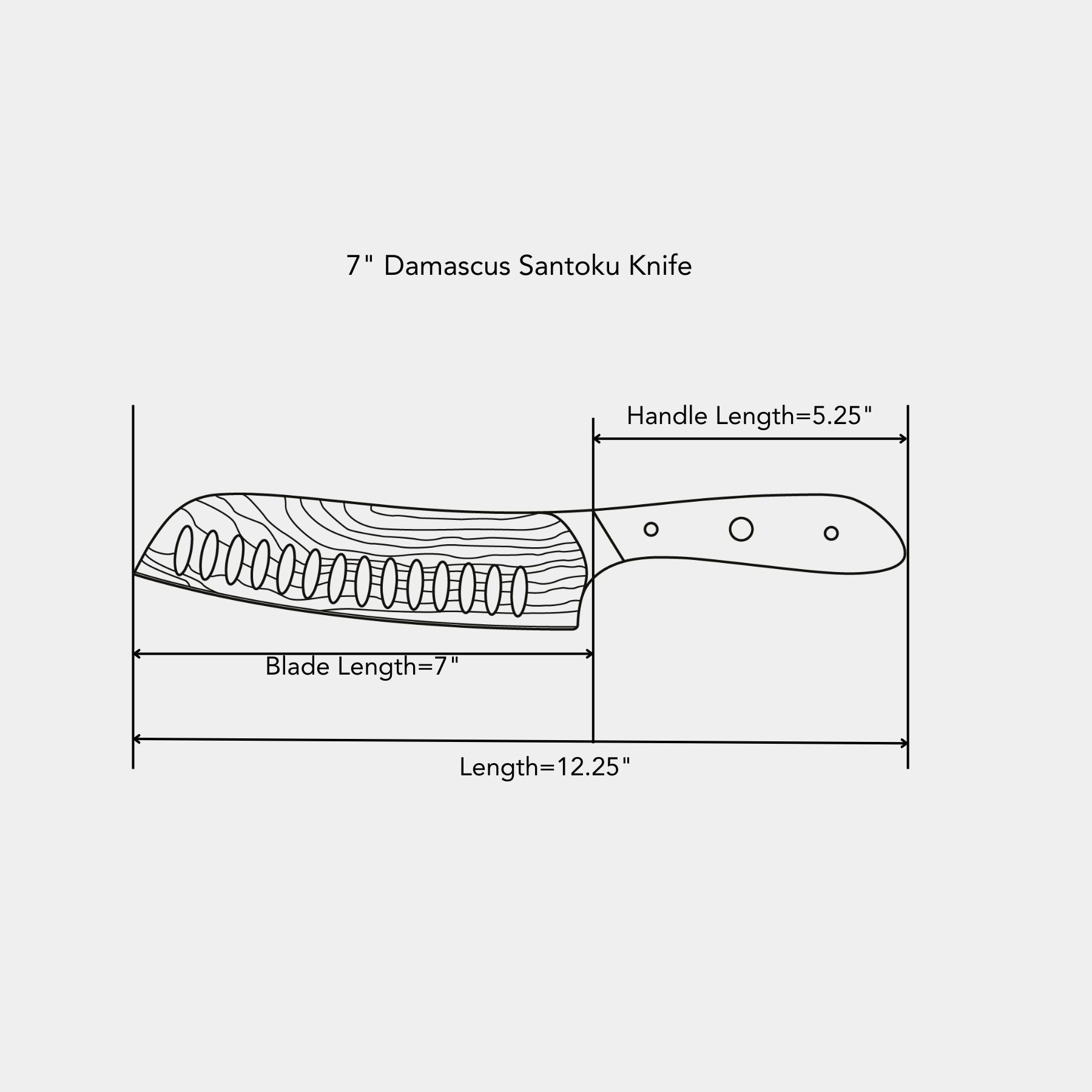 7" Damascus Santoku Knife dimensions of blade and handle length