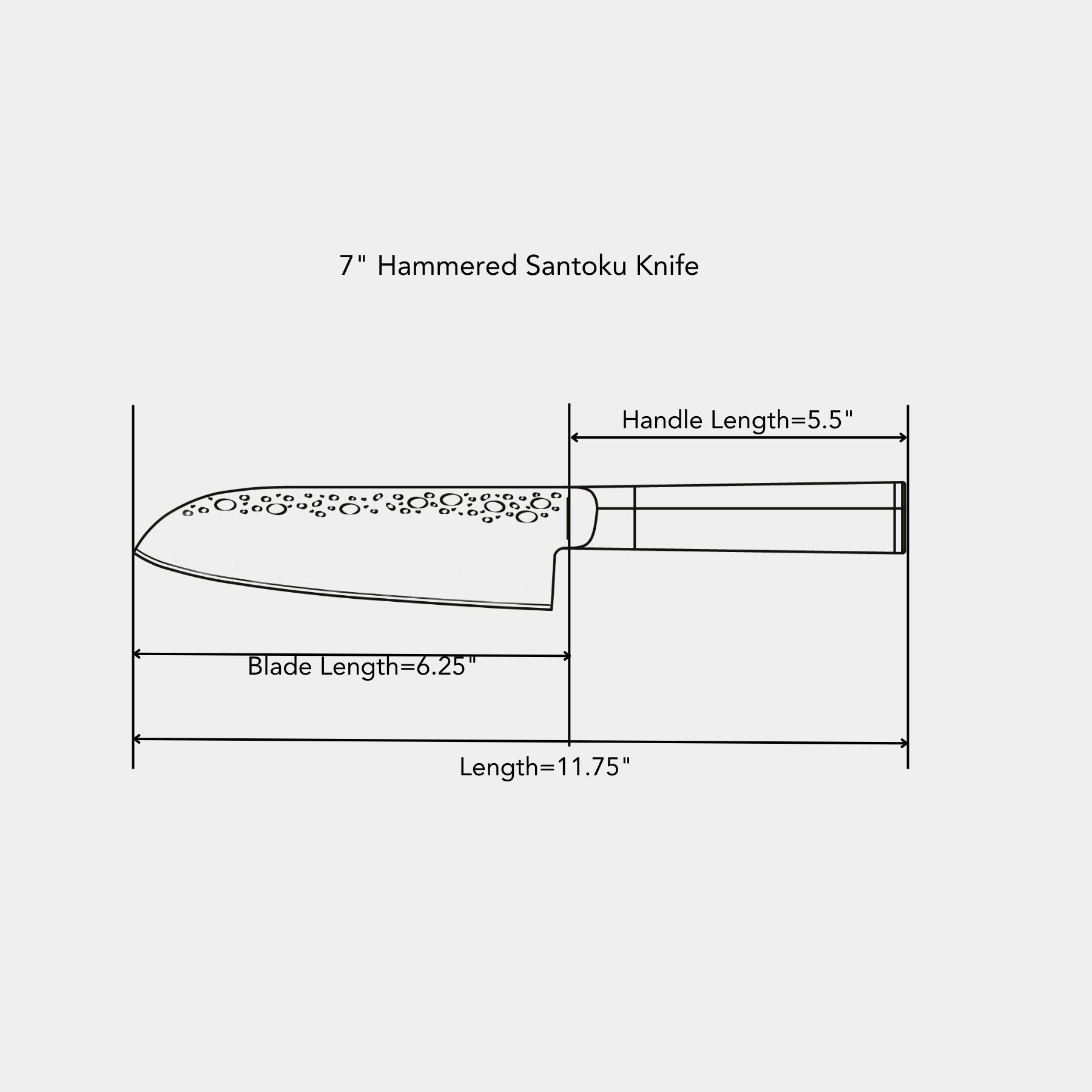 7" Hammered Santoku Knife dimensions of blade and handle length