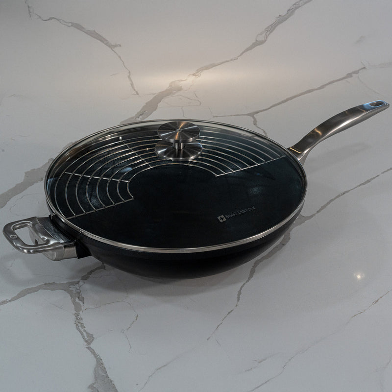 CHD Nonstick 12.5" Wok with Glass Lid on white kitchen marble countertop