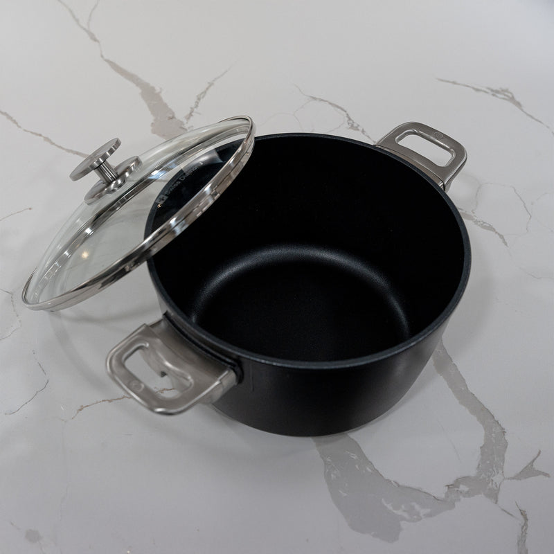 CHD Nonstick 5.5 qt Stock Pot with Glass Lid top view on white marble kitchen counter