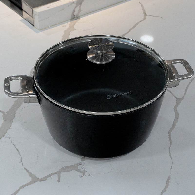 CHD Nonstick 8.5 qt Stock Pot with Glass Lid top view on a marble kitchen counter