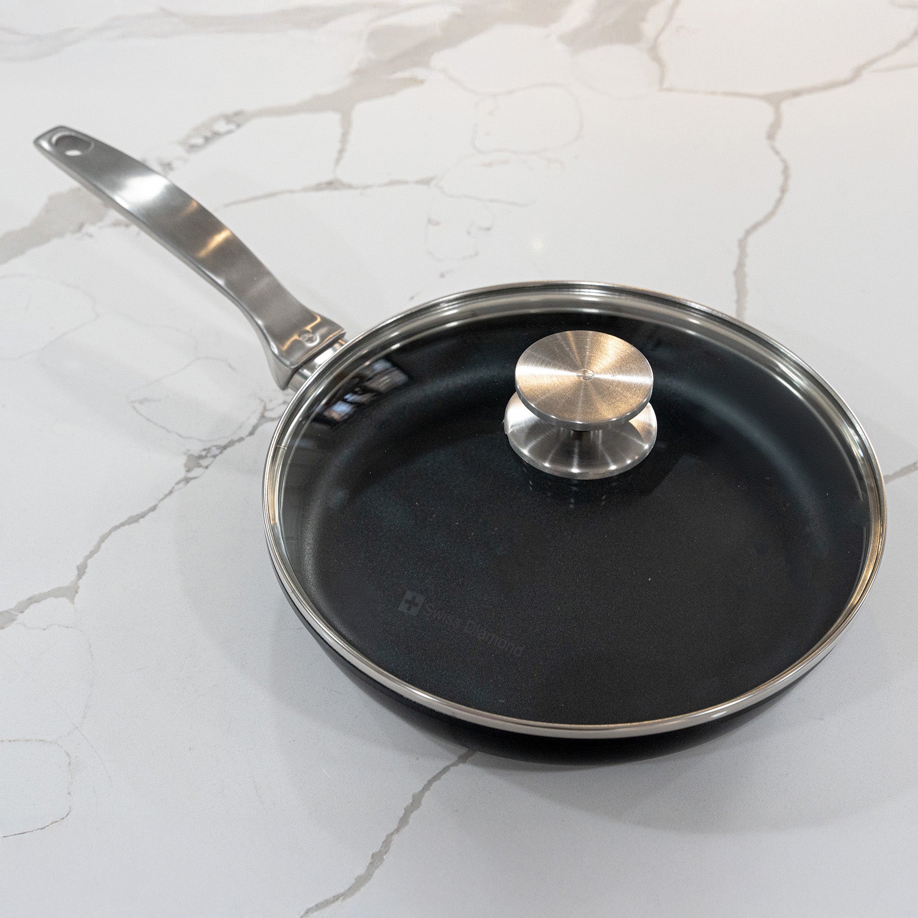 CHD Nonstick 9.5"" Fry Pan with Glass Lid on marble kitchen counter