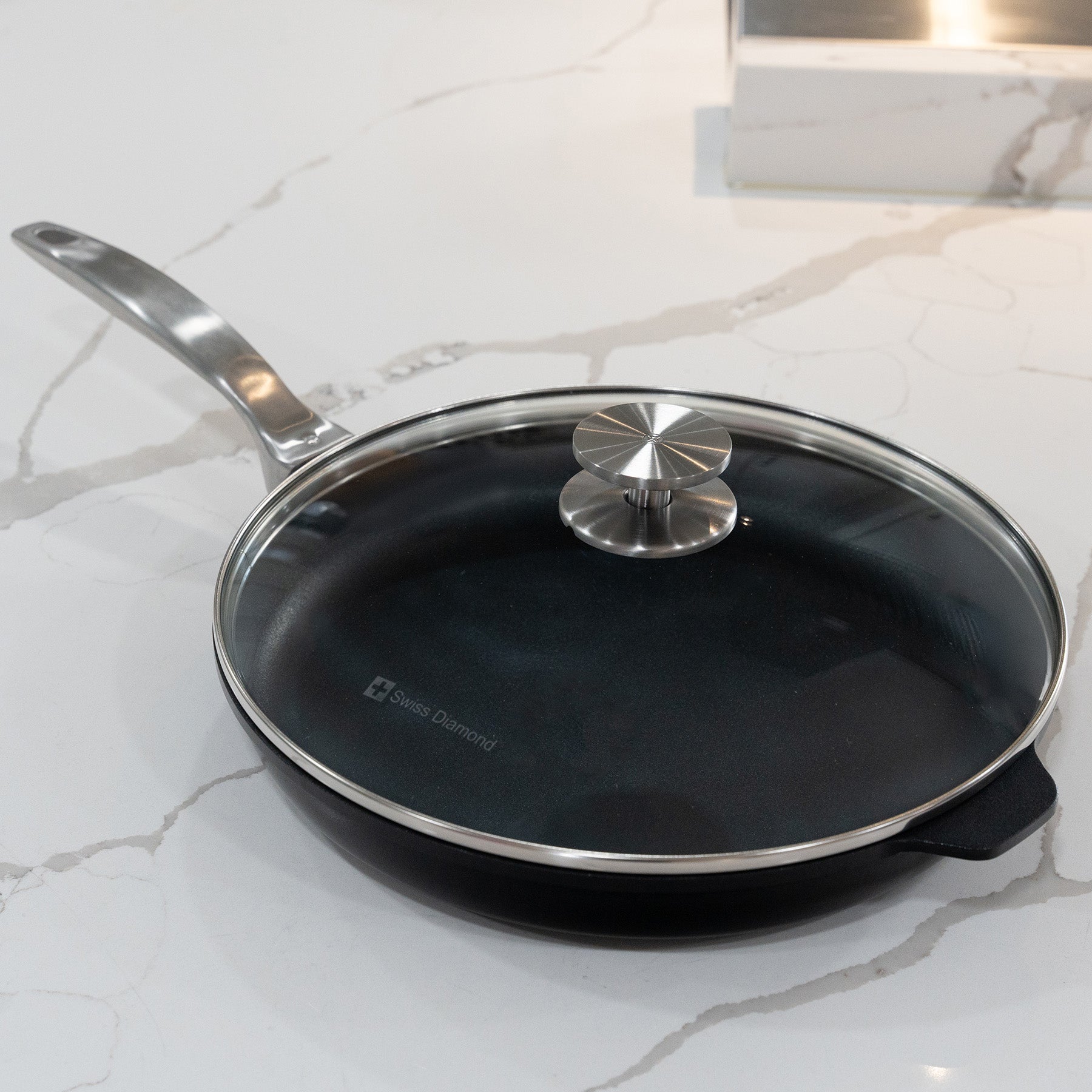 CHD Nonstick 12.5"" Fry Pan with Glass Lid on marble kitchen counter