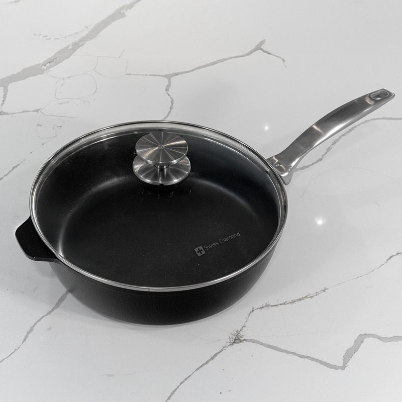 CHD Nonstick 3.8 qt Saute Pan with on white marble kitchen counter