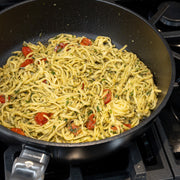 CHD Nonstick 4.3 qt Saute Pan with food inside on gas stove