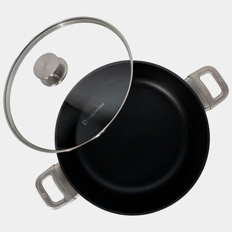 CHD Nonstick 5.3 qt Braiser with Glass Lid moved off slightly - top view