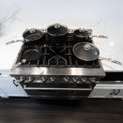 CHD Nonstick 9-Piece Set  with 8" Fry Pan, 10.25" Fry Pan with Lid, 2.2 qt Saucepan with Lid,  5.5 qt Stock Pot with Lid and a 3.2 qt Saute Pan with Lid on gas stove top.