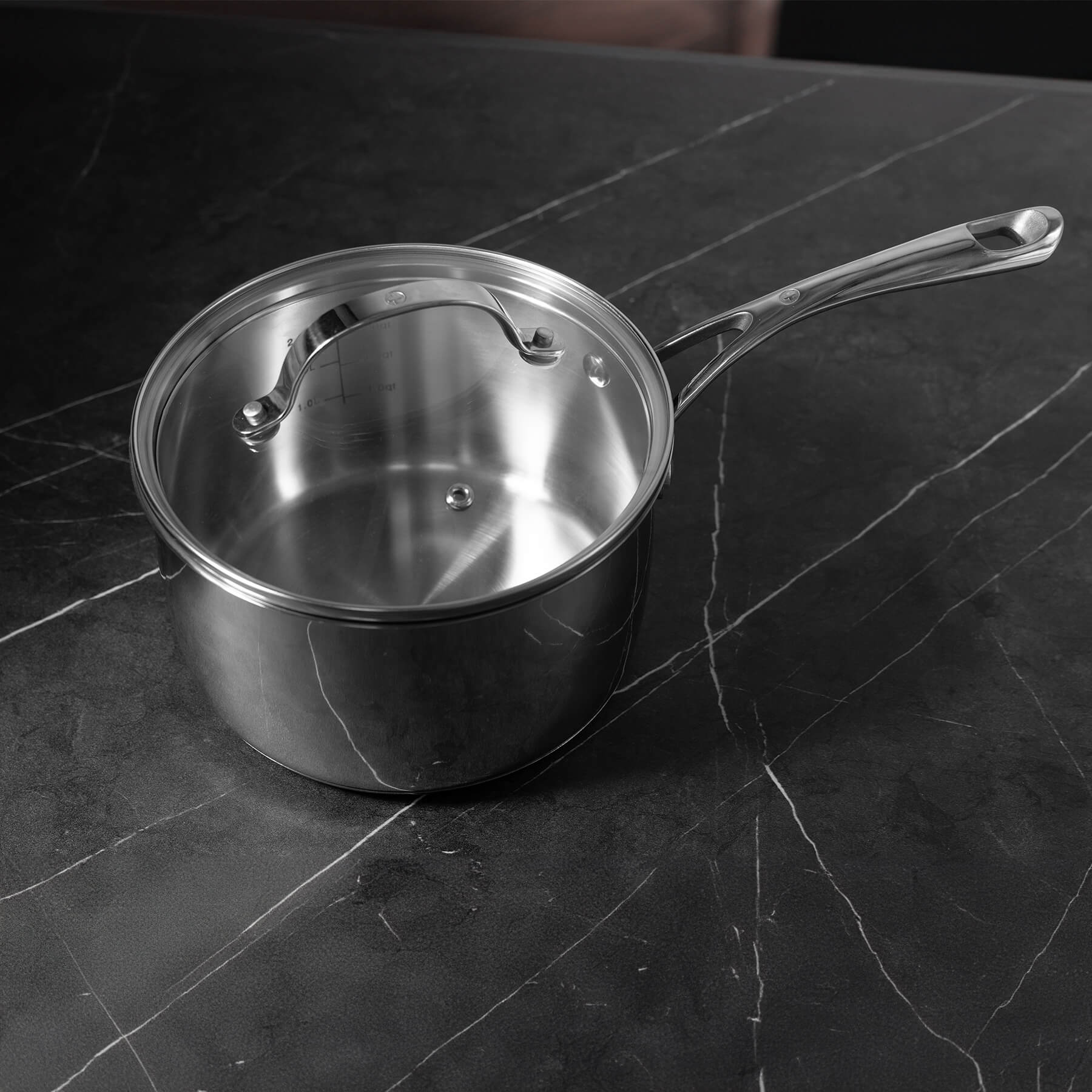 Premium Steel DLX Saucepan with Glass Lid - Induction in use on kitchen counter