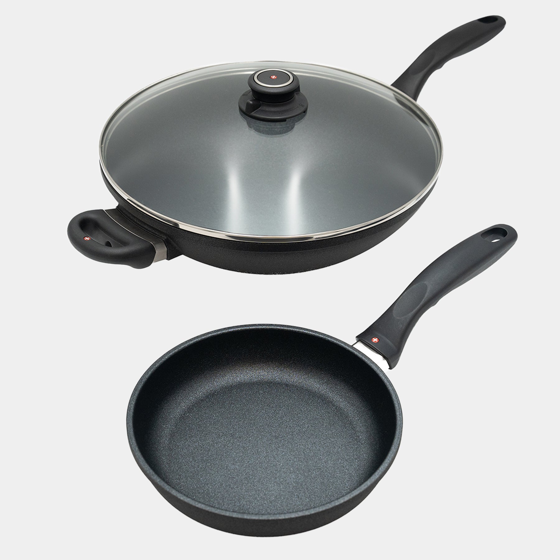 XD Nonstick 8" Fry Pan and 12.5" Wok with Glass Lid Set side angled view