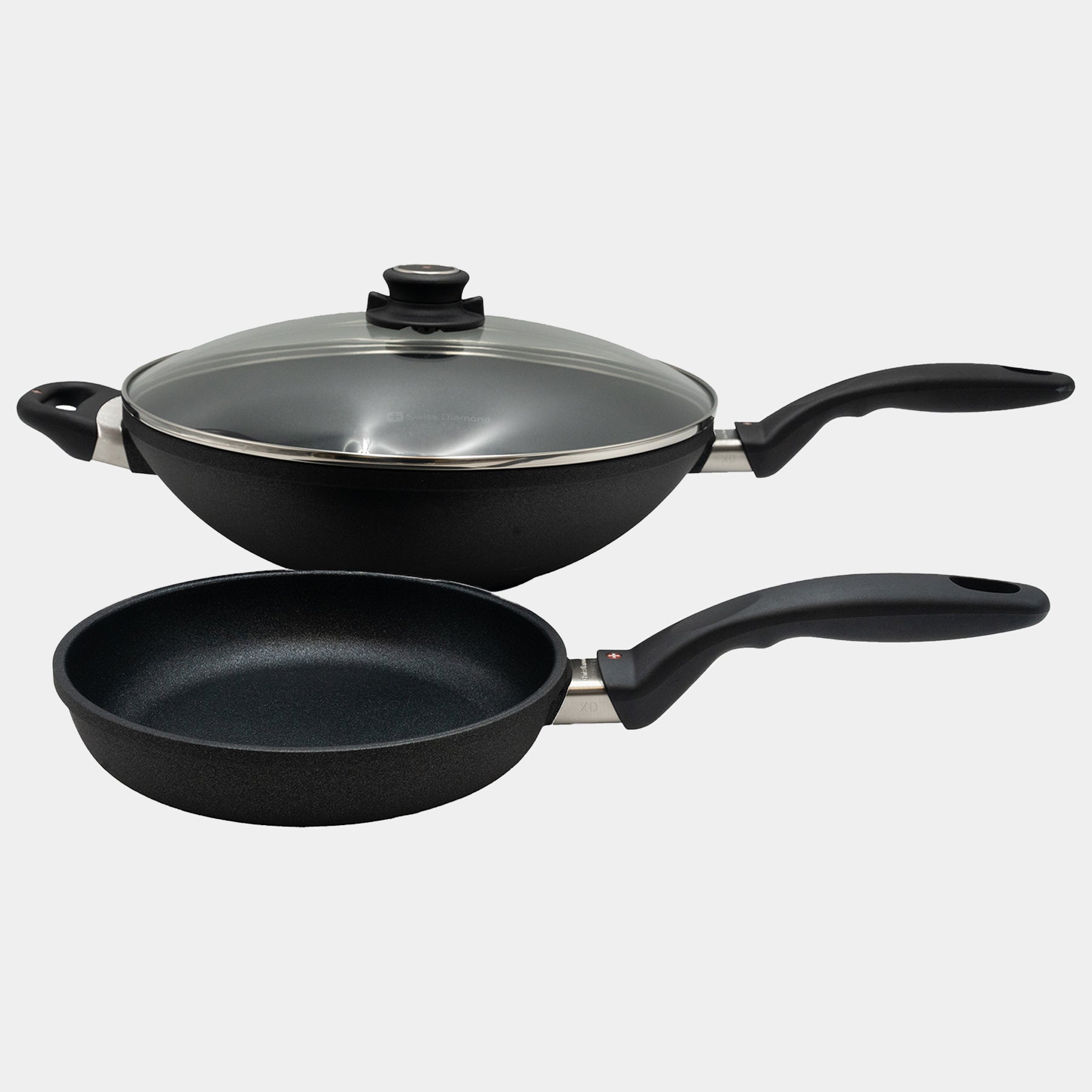 XD Nonstick 8" Fry Pan and 12.5" Wok with Glass Lid Set side view