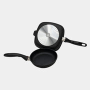 XD Nonstick 8" Fry Pan and 9.5"x 9.5" Grill Pan Set angled top view one pan showing bottom
