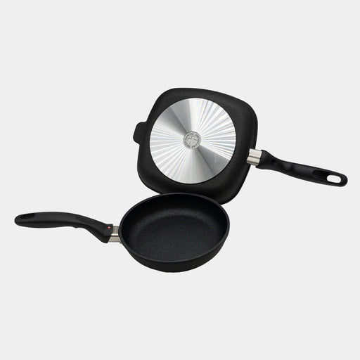 XD Nonstick 8" Fry Pan and 9.5"x 9.5" Grill Pan Set angled top view one pan showing bottom