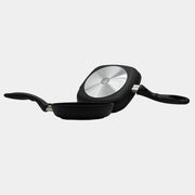 XD Nonstick 8" Fry Pan and 9.5"x 9.5" Grill Pan Set side view with one page flipped to reveal bottom of pan