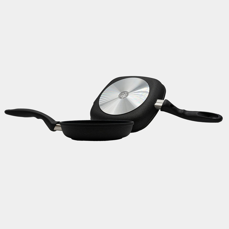XD Nonstick 8" Fry Pan and 9.5"x 9.5" Grill Pan Set side view with one page flipped to reveal bottom of pan