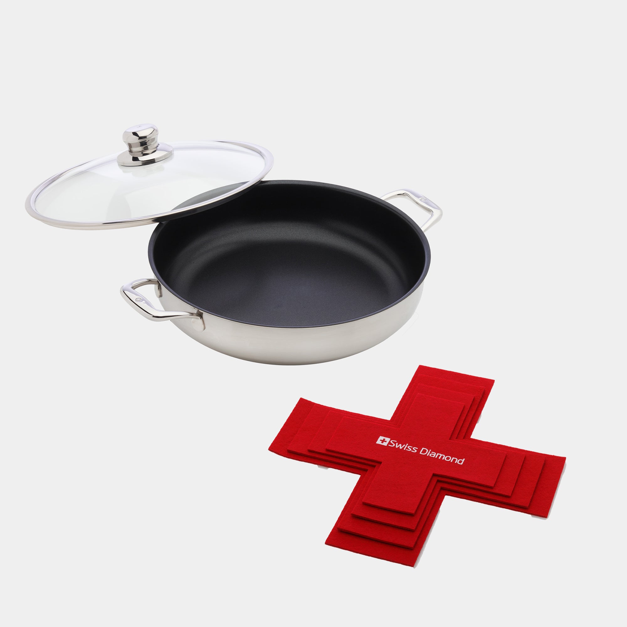 Nonstick Clad 5.3 qt Stainless Chef's Pan with Glass Lid - Induction and Felt Pan Protector